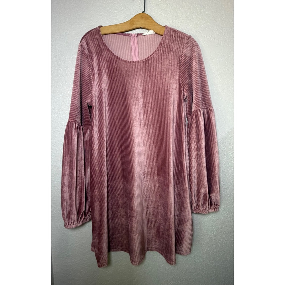 Altar'd State Mauve Pink Ribbed Velvet Lantern Sleeve Mini Shift Dress Medium